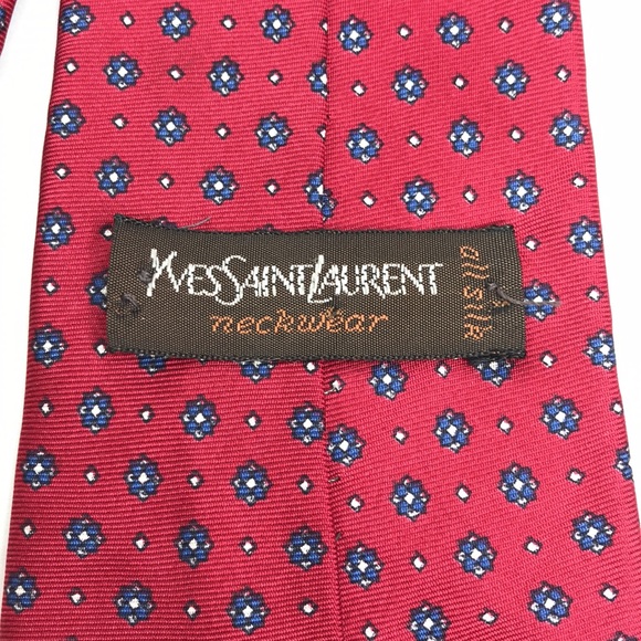 Vintage YVES Saints Laurent Red 100% Silk Print Neck Tie - Picture 3 of 6